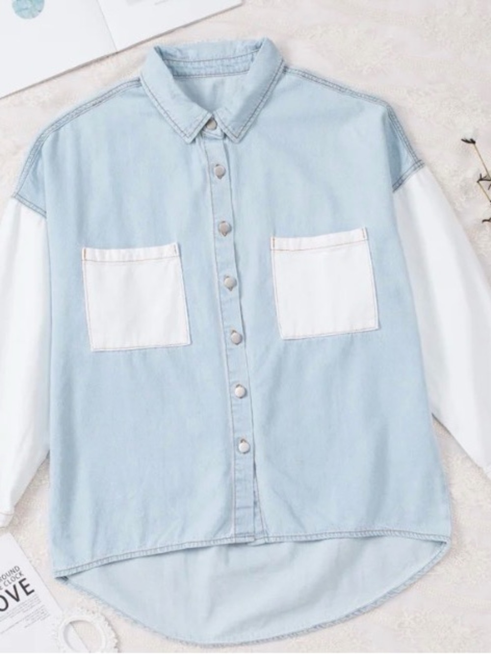 SHEIN Light Blue and White Colorblock Denim Jacket